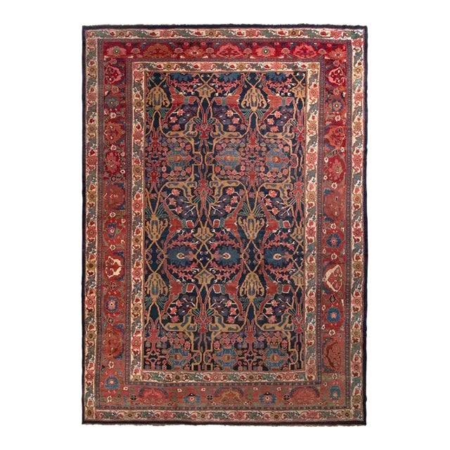 Hand-Knotted Antique Bidjar Rug in Red and Blue Floral Pattern For Sale