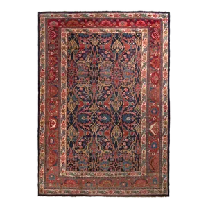 Hand-Knotted Antique Bidjar Rug in Red and Blue Floral Pattern