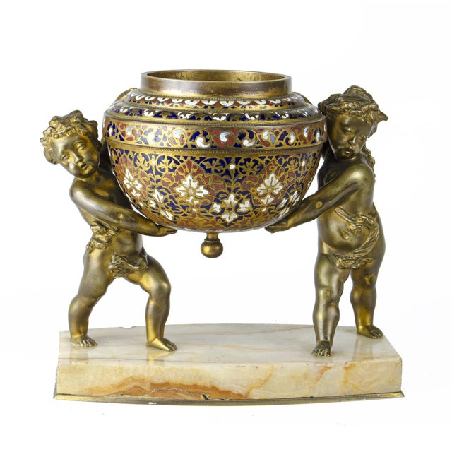 Late 19th century Napoléon III gilt bronze sculpture of Putti and champlevé bowl with marble base, France By: unknown...