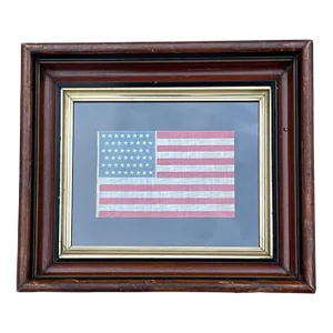 Antique 1912 Gauze Staggered 48 Star American Flag Glazed Cotton in Antique Walnut Frame