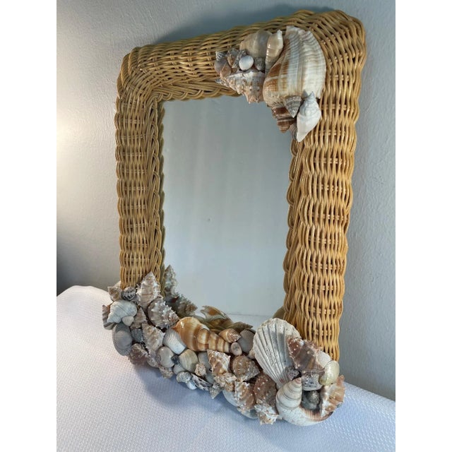1980s Vintage Small Wicker Mirror With Seashell Embellishments For Sale - Image 4 of 12