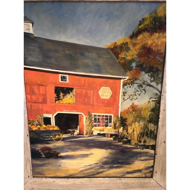 Realism 1970s Autumn Barn Landscape and Oil on Canvas of Red Barn Signed J. Preece For Sale - Image 3 of 13