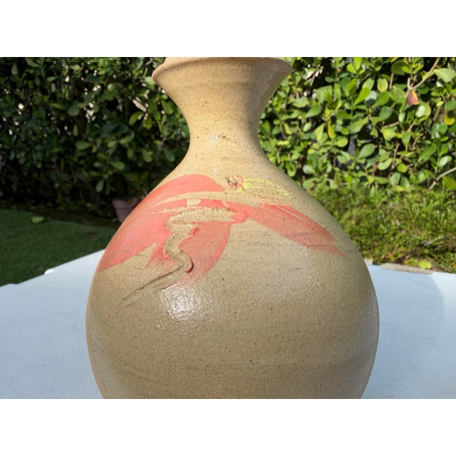 Ceramic Handcrafted 7” Studio Pottery Bottle Vase With Coral Brushwork, Signed For Sale - Image 7 of 11