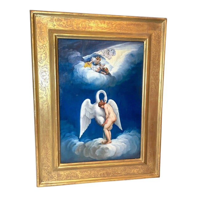 Vintage Original Nude Lady With Swan Whimsical Whimsy Oil Painting on Copper For Sale