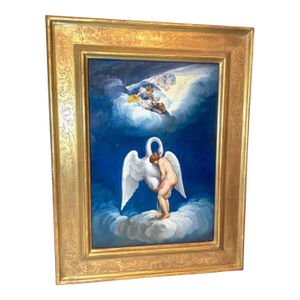 Vintage Original Nude Lady With Swan Whimsical Whimsy Oil Painting on Copper