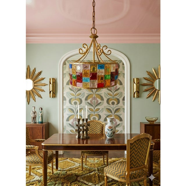 Vintage Lombard-style chandelier from the 1970s, featuring a wrought iron structure and multi-colored hammered glass. Up...