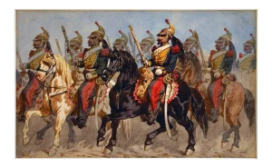 Battle, Knights on Horses - Original China Ink and Watercolor by T. Fort - 1840s 1840s