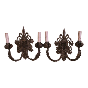 Pair of Mid-Century French Metal Two-Light Wall Sconces With Fleur-De-Lys Motif