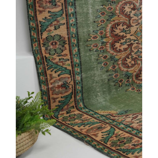1970s Vintage Handmade Wool Cotton Green Area Rug For Sale - Image 9 of 12