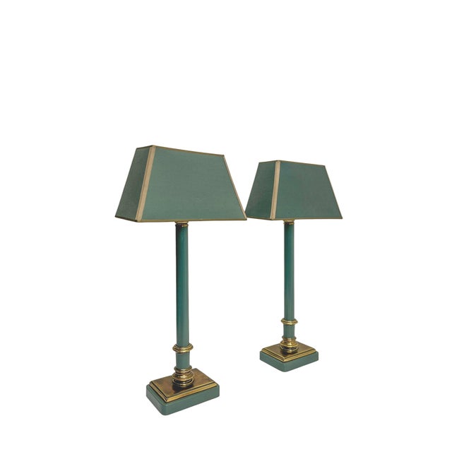 Mid-Century Modern Brass and Green-Painted Metal Table Lamps by Kullmann, 1970, Set of 2 For Sale - Image 3 of 14