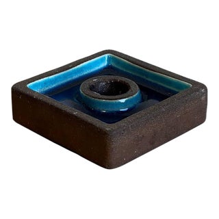 Candleholder Square Stoneware Vibrant Blue Glaze Denmark Mid-Century Modern 1970s For Sale