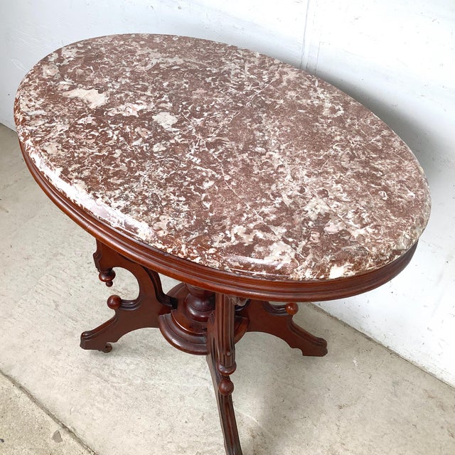 Wood Victorian Revival Marble Top Center Table With Carved Walnut Pedestal Base For Sale - Image 7 of 18