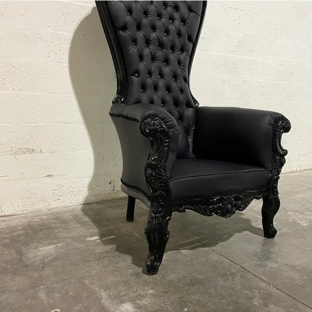 French Rococo Style Tufted Black Leather Throne Chair For Sale - Image 4 of 8
