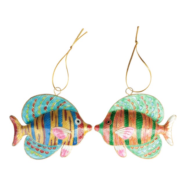 Cloisonné Striped Fish Christmas Ornaments - a Pair For Sale