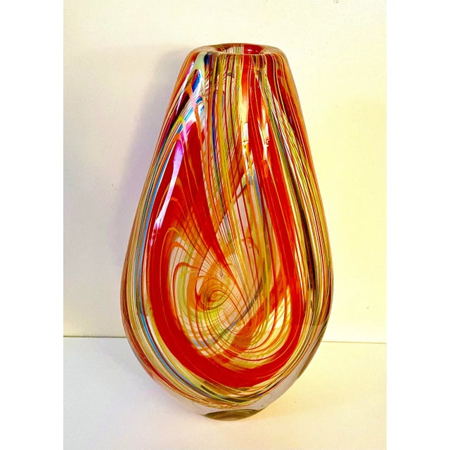 Stunning midcentury modern Murano Attributed Glass vase circa the Atomic era of the late 1950s to early 1960s showcases a...