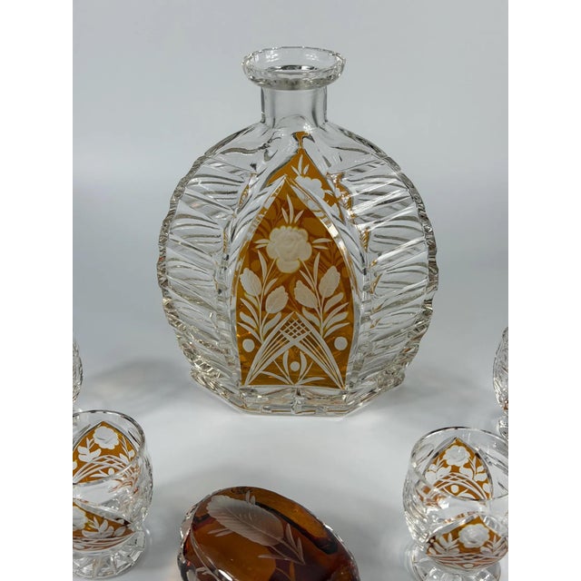 Art Deco Amber Overlay Cut Crystal Decanter & Cordial Glasses, 1930s, Set of 5 For Sale - Image 14 of 17