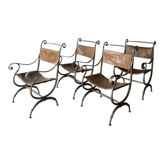 Late 20th Century Leather and Iron Scroll Dining Arm Chairs For Sale