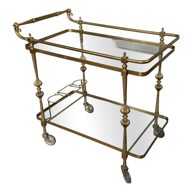 Vintage Brass Crystal Double Shelf Bar Trolley, 2000 For Sale