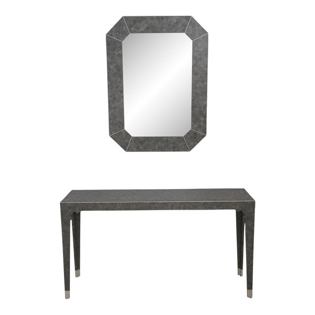 Maitland Smith Marble Overlay Console W. Matching Mirror For Sale