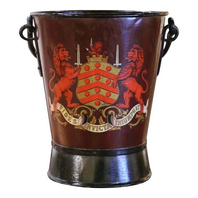 Early 20th Century English Hand-Painted Iron Coal Bucket With Coat of Arms For Sale