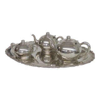 Art Deco Silver Plated Tea Tray Set With 2 Teapots and Lidded Sugar Bowl 4989b For Sale
