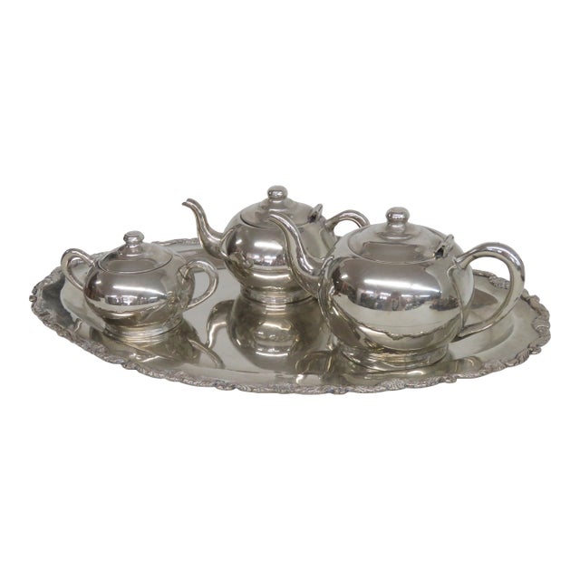 Art Deco Silver Plated Tea Tray Set With 2 Teapots and Lidded Sugar Bowl 4989b For Sale