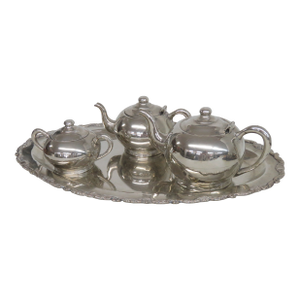 Art Deco Silver Plated Tea Tray Set With 2 Teapots and Lidded Sugar Bowl 4989b
