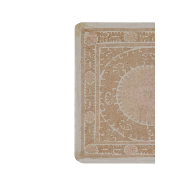 Mid-Century Modern Minimal Neutral Suzani Textile, Beige Uzbek Table Cover Decor 4'4'' X 4'4'' For Sale - Image 3 of 10