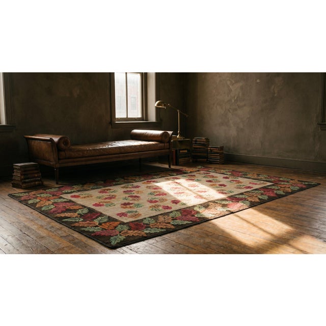 1900s Ivory Brown Foliate Antique American Hooked Rug 6' 0'' X 8' 10'' Handknotted Wool Carpet For Sale - Image 9 of 9
