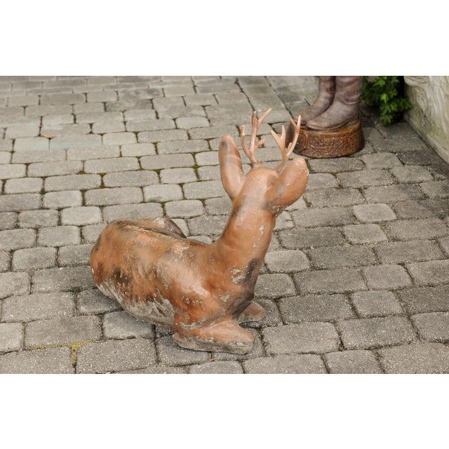Vintage American Concrete Reclining Deer Sculpture with Iron Antlers and Patina For Sale - Image 9 of 11