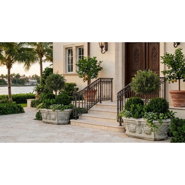 Pair of Vintage Hollywood Regency Cast Stone Garden Planters in Pistachio & White Wash For Sale - Image 12 of 12