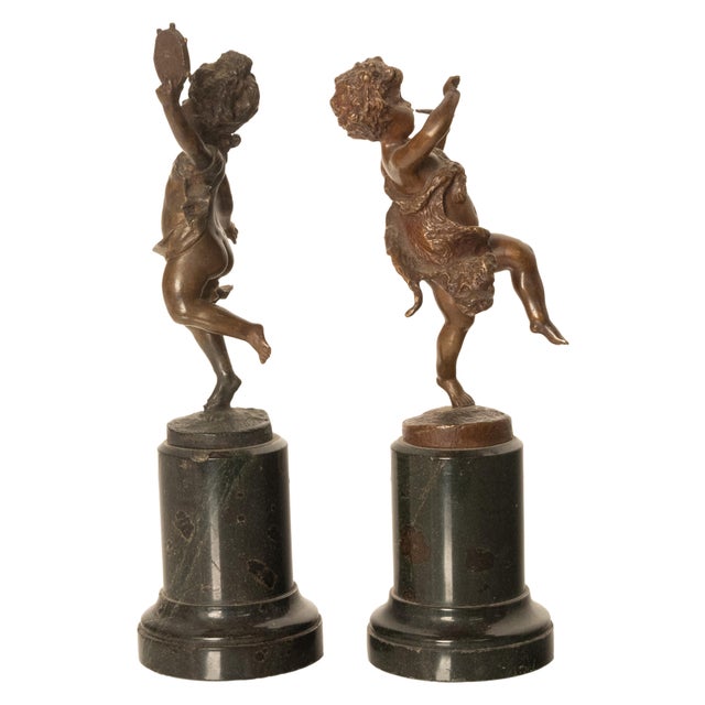 Metal Pair Antique French Bronze Marble Putti Dancing Musicians Statues Sculpture 1860 For Sale - Image 7 of 13