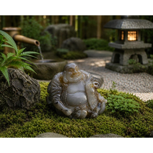 A hand-carved, solid agate Buddha. He is depicted sitting with his robe open, cinched with a bow under his belly, an...