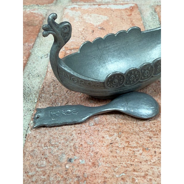 Metal Vintage Norwegian Pewter Viking Ship Salt Cellar With Spoon For Sale - Image 7 of 8