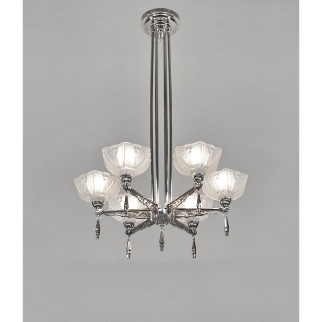 Jean Gauthier (EJG) A stunning 1930 French art deco chandelier in nickel plated bronze or solid brass holding six shades...