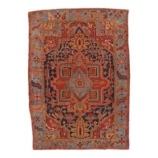 Antique Persian Heriz Carpet Handmade Wool Oriental Rug, Navy, Light Blue, Gold For Sale