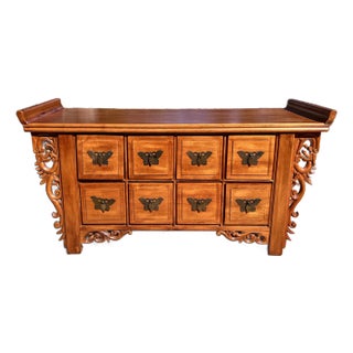 Asian Butterfly Apothecary Style Altar Chest With Ornate Carved Details, Early 20th Century Ming Style For Sale