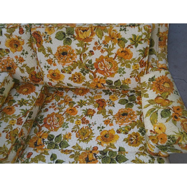 Wood Vintage 1970s Orange / Yellow Floral Textured Skirted Sofa Couch For Sale - Image 7 of 11