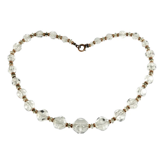 Vintage Clear Glass Bead Necklace With Gold Plated Accents For Sale