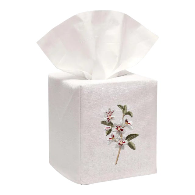 Apple Blossom Tissue Box Cover in White Linen & Cotton, Embroidered For Sale