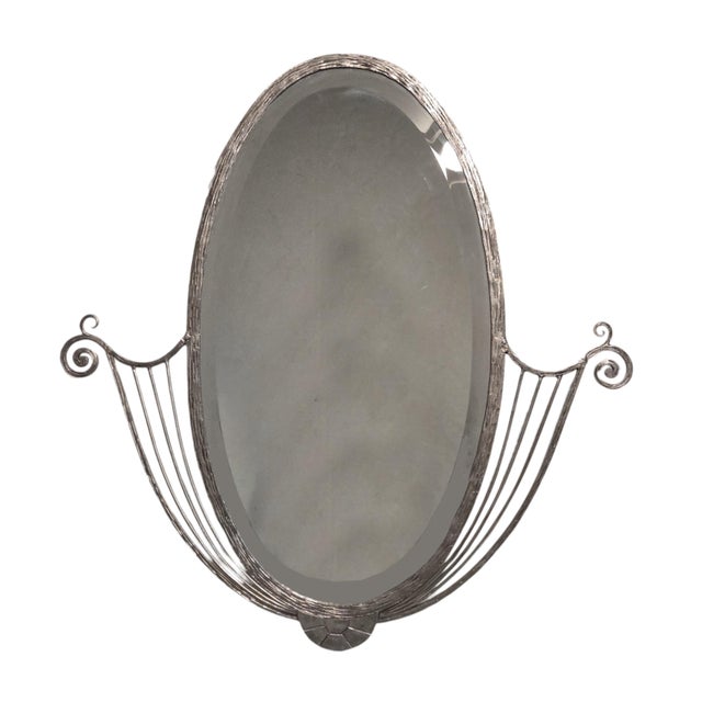 French Art Deco Hand Wrought Nickeled Iron Oval Mirror W/ Linear & Scroll Detail For Sale - Image 9 of 16