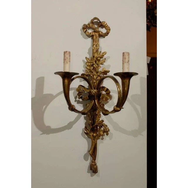 French Louis XVI Style Bronze Two-Light Sconces with Hunting Horns - A Pair For Sale - Image 10 of 11