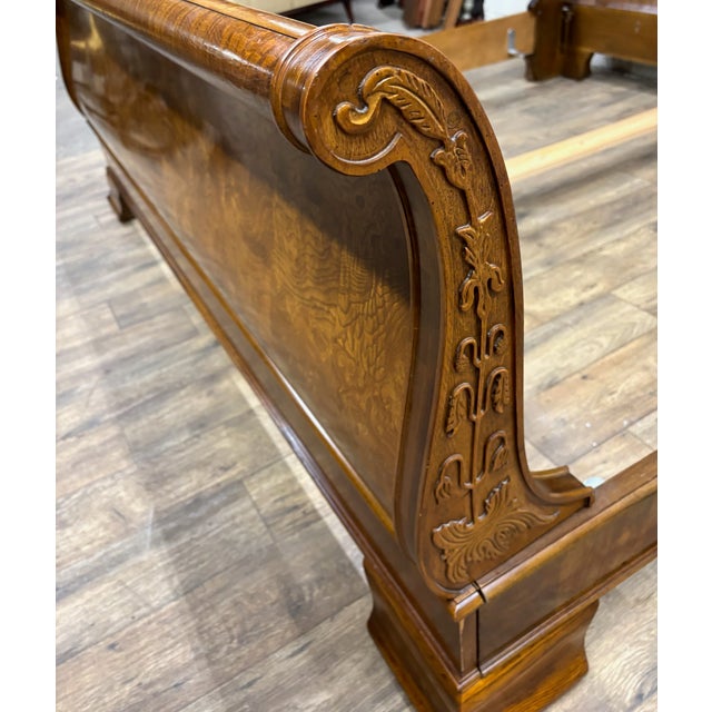 Brown Vintage Henredon King Size Charles X Empire Style Burled Burl Sleigh Bed For Sale - Image 8 of 10