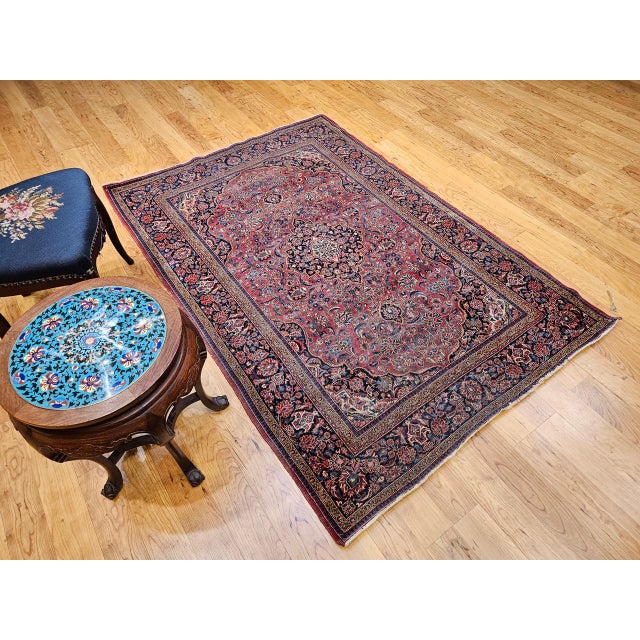 Vintage Persian Kashan Rug, Hand-Knotted Wool & Cotton, Floral Pattern, Red & Navy, 4x6 For Sale - Image 9 of 18
