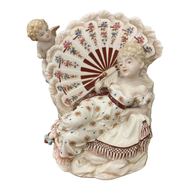 Exquisite Antique KPM Berlin Porcelain Figurine Lady With Fan & Cherub R. Moller For Sale