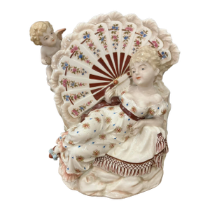 Exquisite Antique KPM Berlin Porcelain Figurine Lady With Fan & Cherub R. Moller