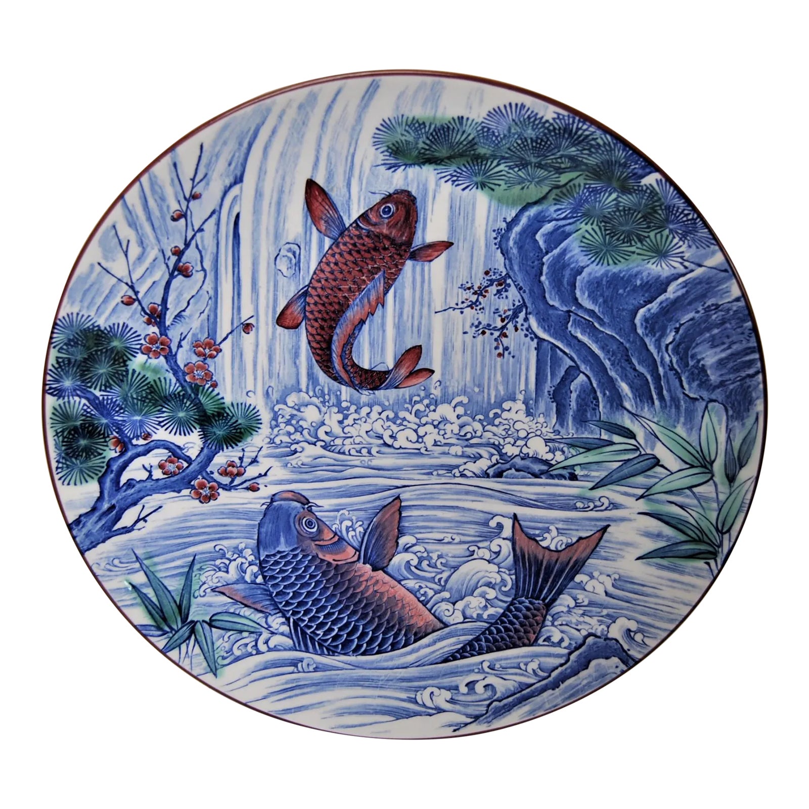 Japanese Platter Mino-Yaki Koi Fish Hand-Painted Decorative Large