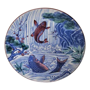 Japanese Platter Mino-Yaki Koi Fish Hand-Painted Decorative Large Plate