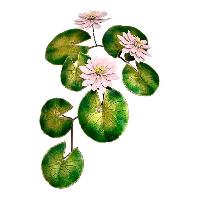 Vintage Enameled Copper Water Lily Wall Sculpture Pink Lotus Lily Pad Mid Century Decor For Sale
