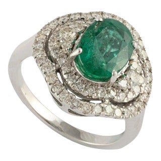 Art Deco Natural Emerald Regalia Ring With Diamonds 14k White Gold Size 7 (All Sizes Available) For Sale